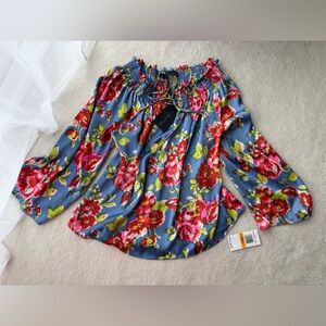 BNWT Patterson J. Kincaid Blue and Red Silky Ribbon Band Neck Floral Blouse